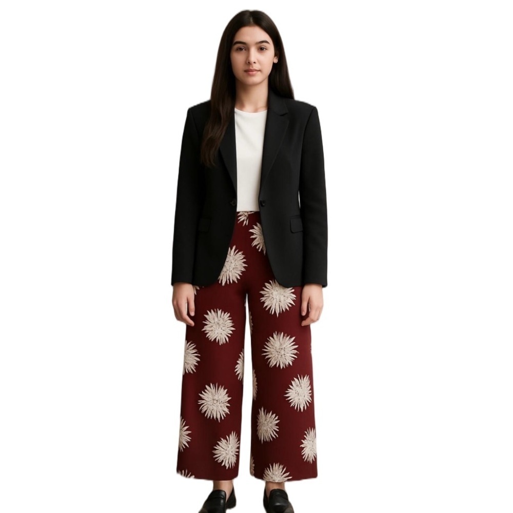 Ann Taylor Wide Leg Floral Pants Maroon White Size 10
